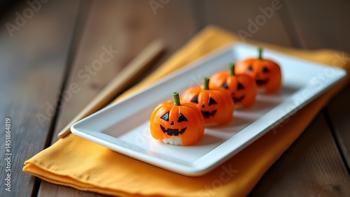 Adorable Halloween Pumpkin Sushi Treats on Plate