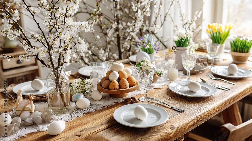 Fototapeta premium Charming Wooden Table Set for Easter with Fresh Spring Blooms