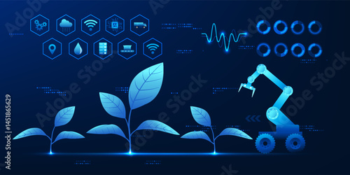 AI robot harvesting crops with technological elements, reflecting the use of artificial intelligence technology in agriculture to increase productivity, reduce labor, and analyze data for agriculture.