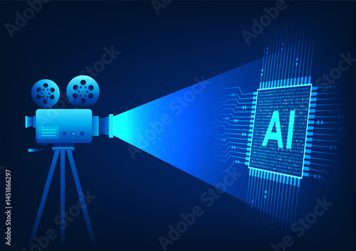 Movie camera recording an AI chip, representing the use of automated video creation technology, represents Generative AI, which can process, create, and produce video content intelligently and quickly
