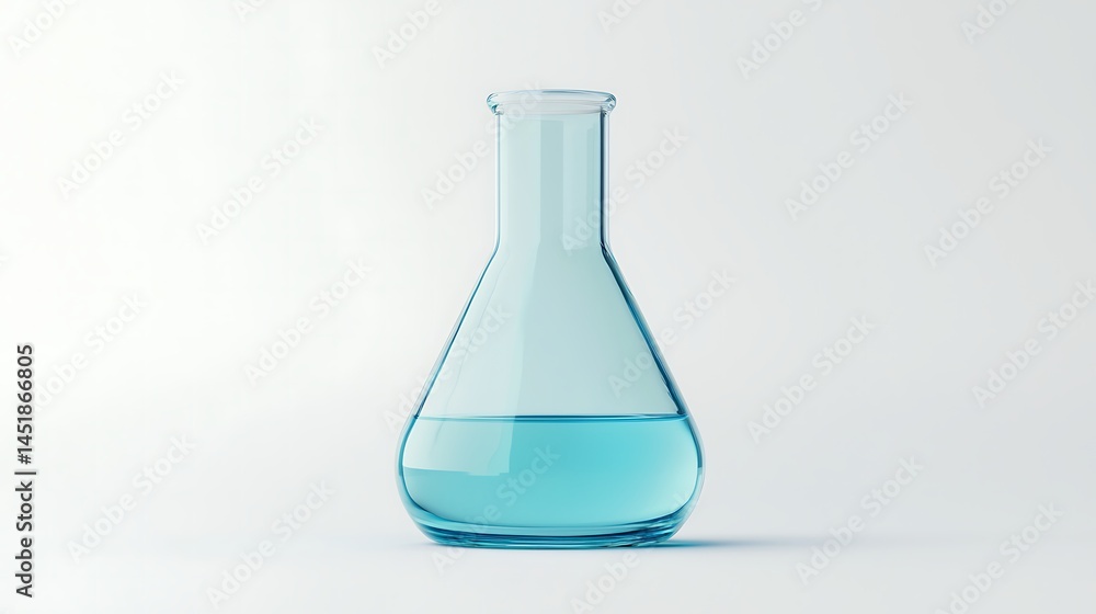 A clear glass Erlenmeyer flask filled with blue liquid on a plain white background. A clear glass Erlenmeyer flask filled with blue liquid on a plain white background.