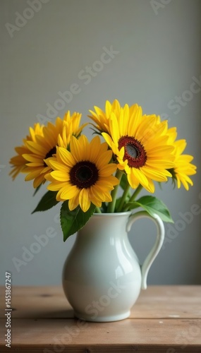 Wallpaper Mural Vibrant sunflowers in a ceramic jug, wooden table , leaf, home decor Torontodigital.ca