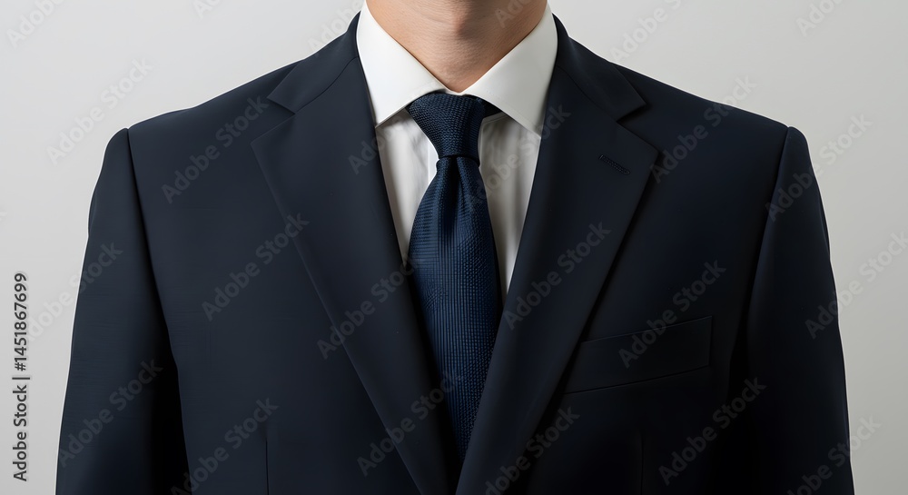 Classic Business Attire: A close-up shot of a man in a navy blue suit and a crisp white shirt with a dark blue tie. The professional attire suggests confidence, competence, and authority. Classic Business Attire: A close-up shot of a man in a navy blue suit and a crisp white shirt with a dark blue tie. The professional attire suggests confidence, competence, and authority.