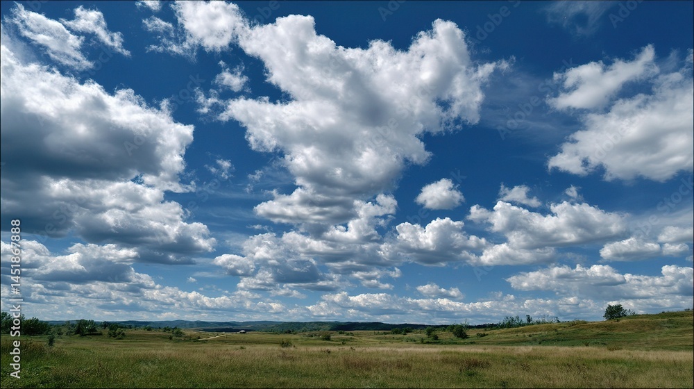 Obraz premium Puffy Clouds in a Vast Sky Over a Serene Rural Landscape