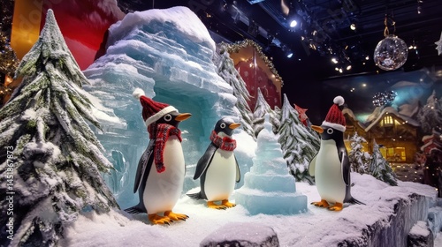 Festive penguin display in a winter wonderland diorama.