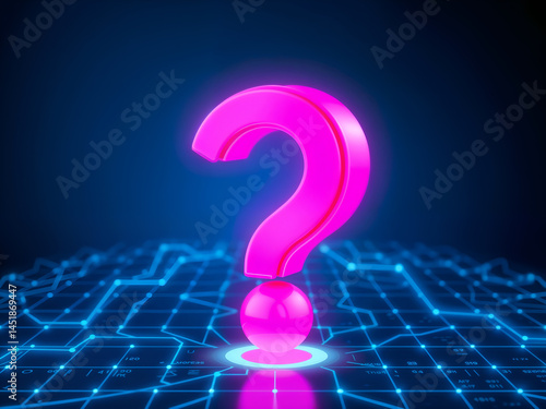 Obraz na płótnie Glowing neon pink question mark in a digital circuit environment, symbolizing inquiry, technology, and futuristic thinking in a tech-themed design. Generative AI w salonie