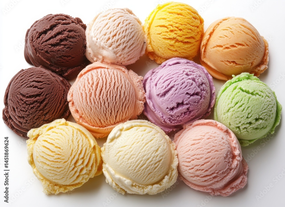 Fototapeta premium Colorful assortment of ice cream scoops arranged neatly on a white surface