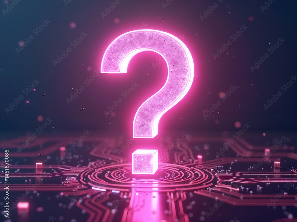 Glowing neon pink question mark in a digital circuit environment, symbolizing inquiry, technology, and futuristic thinking in a tech-themed design. Generative AI
