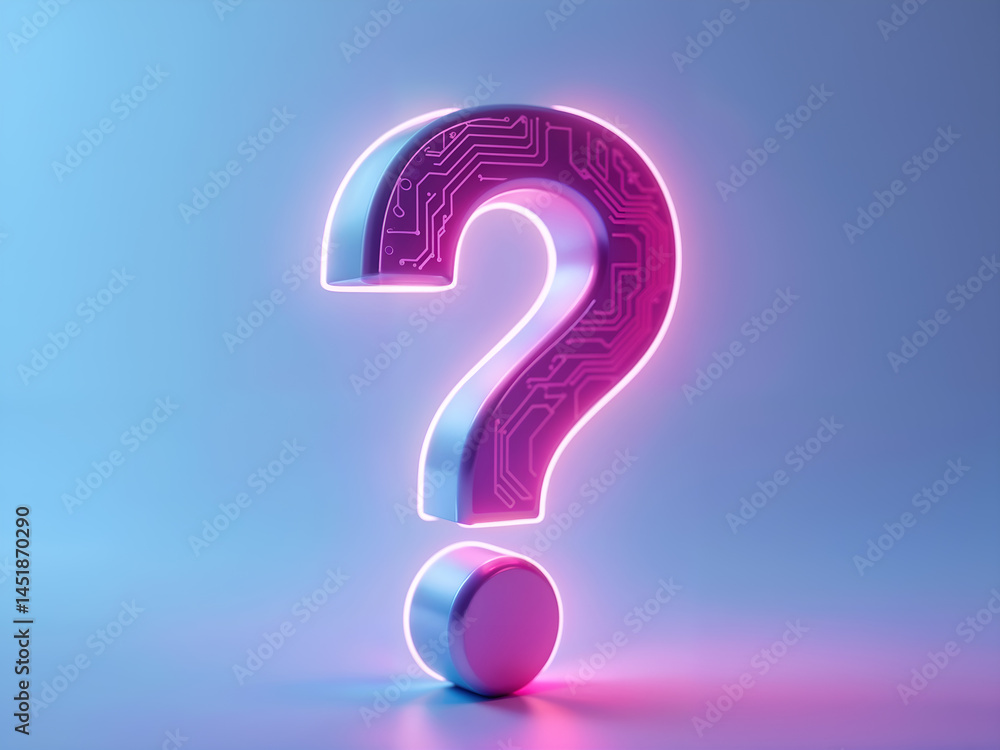 Futuristic neon question mark on a digital blue background, combining curiosity with modern technology, ideal for tech-related content or infographics. Generative AI