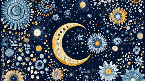 Crescent Moon Night Sky Floral Pattern Design