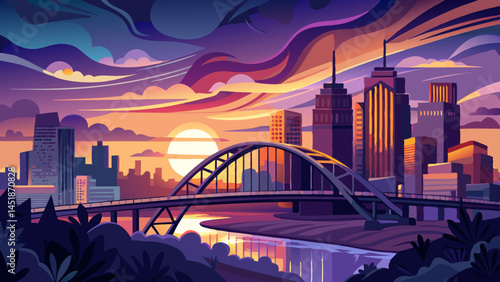 Dusk paints the clouds in violet and gold,
The bridge stands graceful, silent, bold.
Edmonton glows beneath fading light,
A peaceful pause before the night.