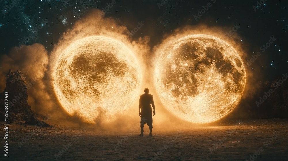 Solitary Figure Contemplating Celestial Giants Under Starlit Skies Solitary Figure Contemplating Celestial Giants Under Starlit Skies