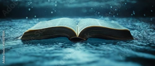 A Bible is open in a body of water. The water is blue and the book is partially submerged