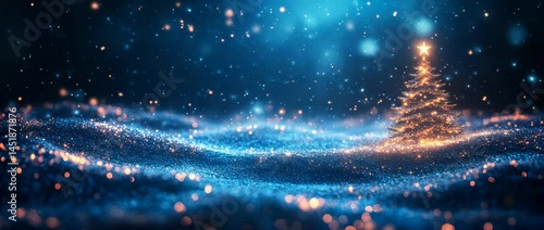 A Christmas tree is in the snow. The snow is falling and the tree is lit up. The scene is peaceful and serene