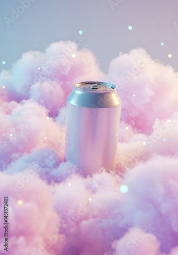 A metallic can sits amidst a cloud of soft, pastel-colored smoke