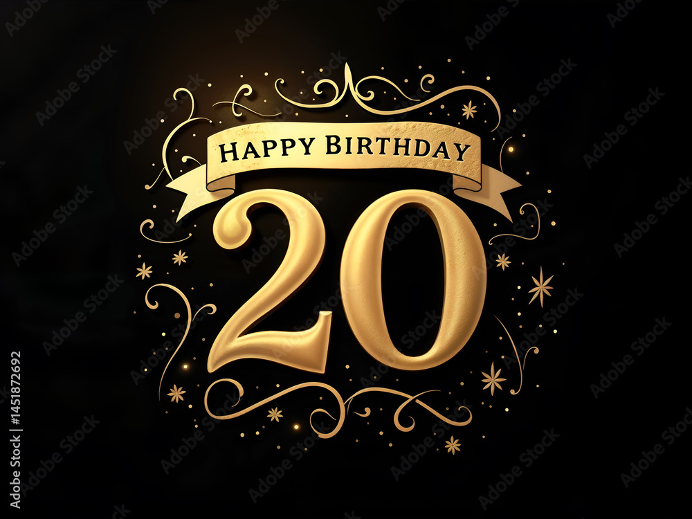 Elegant 20th birthday celebration banner with golden numbers and decorative elements on a dark background, perfect for party invitations or banners. Generative AI