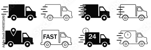 Express Delivery Truck Icons Set – Fast Shipping Van, Courier Parcel, and Logistics Service Vector Illustration