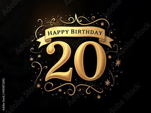 Obraz na płótnie Elegant 20th birthday celebration banner with golden numbers and decorative elements on a dark background, perfect for party invitations or banners. Generative AI w salonie