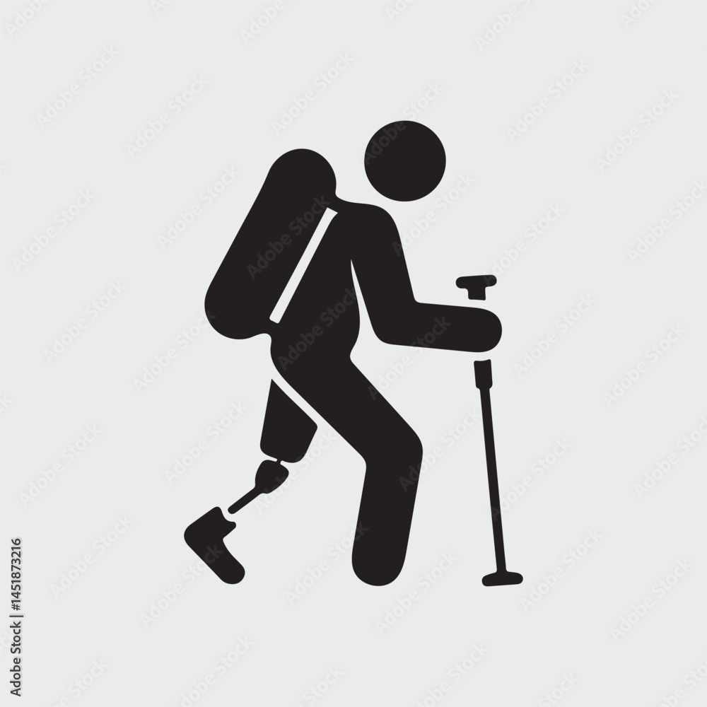 Inclusive Hiker Icon with Walking Aid or Prosthetic Leg Inclusive Hiker Icon with Walking Aid or Prosthetic Leg
