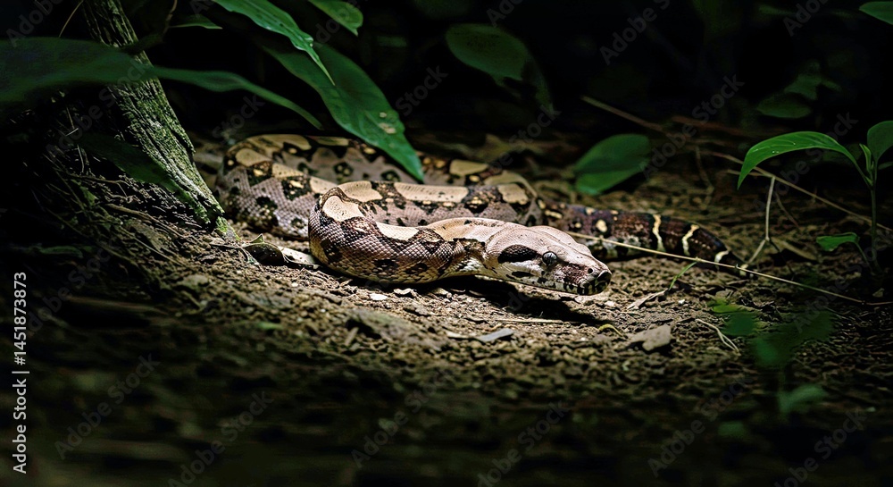 Fototapeta premium Wild Boa Constrictor In Dark Environment Hints At Nocturnal Behavior