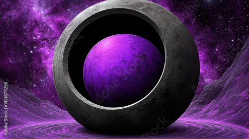Futuristic cosmic landscape with a purple planet surrounded by a circular structure in space
