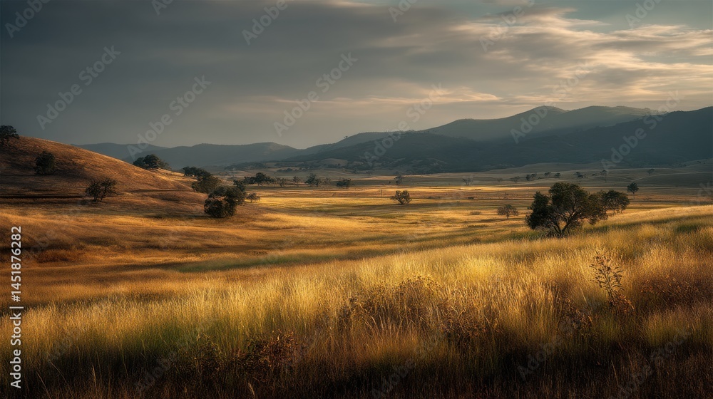 Obraz premium Rolling fields of meadow grass glow under the golden sunlight