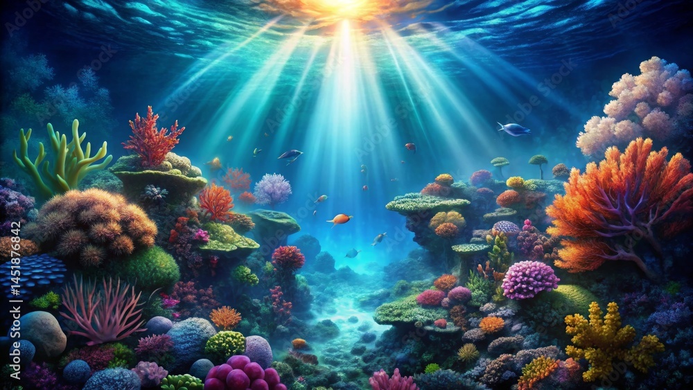 Naklejka premium Vibrant Underwater Seascape Sunbeams Illuminate a Lush Coral Reef Ecosystem with Diverse Marine Life