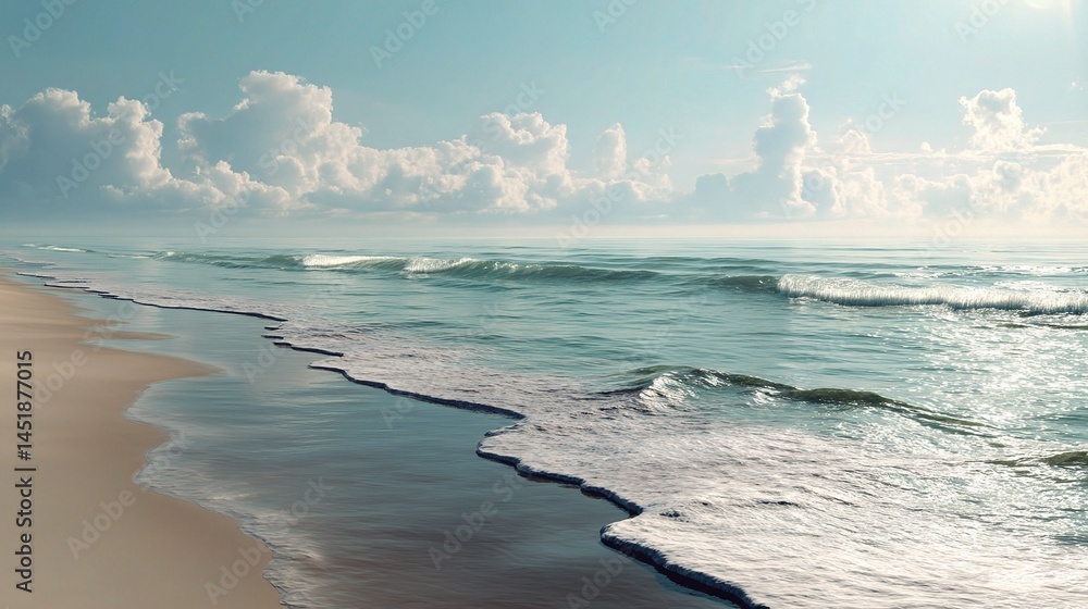 Obraz premium Tranquil Beach Scene with Soft Waves and Calm Water on Horizon