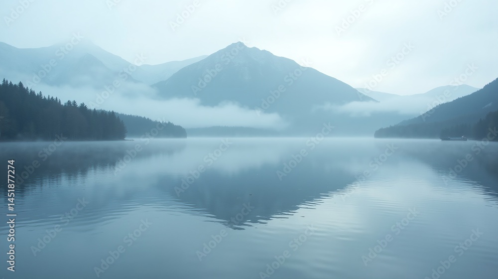 Tranquil Elegance: Foggy Peak Reflections Tranquil Elegance: Foggy Peak Reflections