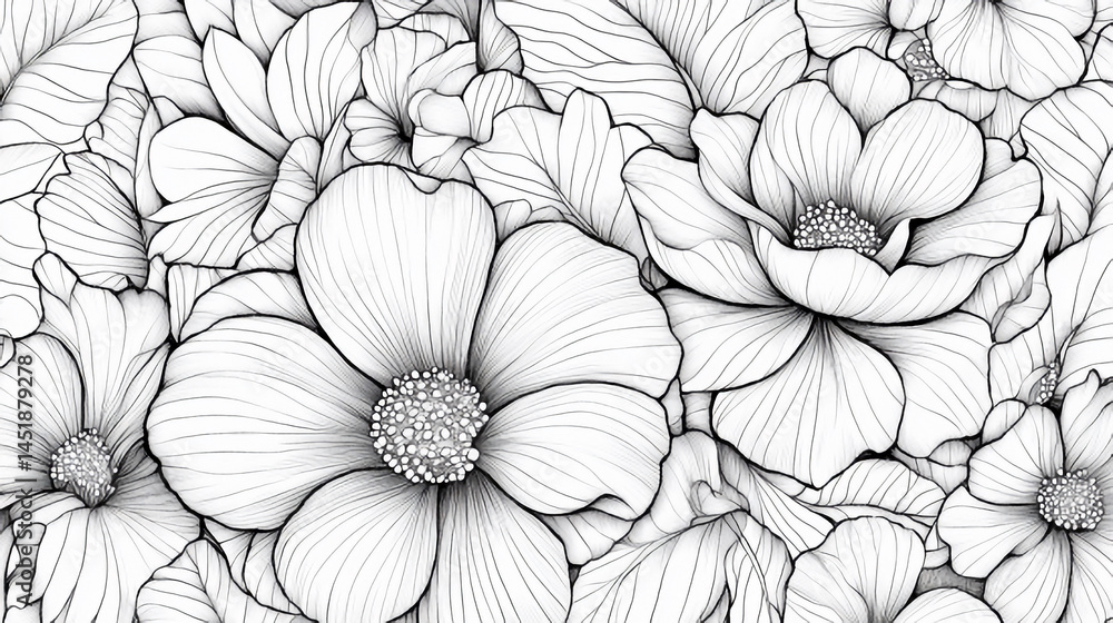 Fototapeta premium Floral Illustration Shows Outlines of Flowers and Leaves in Black and White Monochrome