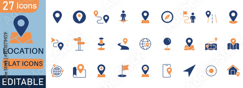 Location icon set in flat style. Featuring location, GPS, pin, map, and navigation symbols. Ideal for travel apps, tracking systems, map UI, route guides, and geolocation services.