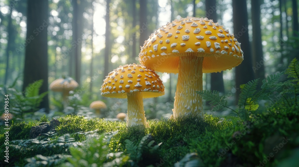 Fototapeta premium Forest floor mushrooms. Sunlight filters through trees
