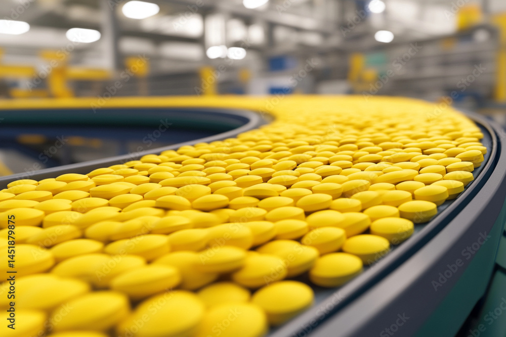 Fototapeta premium Pharmaceutical manufacturing process with yellow tablets on conveyor belt in facility