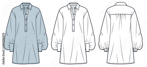 Loose fit Tunic Shirt with half button placket and voluminous sleeves Fashion Flat Sketch. Mini Dress fashion flat technical drawing template, cuffs, front, back view, white, blue, women CAD mockup.