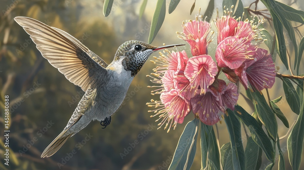 Fototapeta premium An illustration of a hummingbird in flight, hovering delicately in front of a vibrant orange flower.