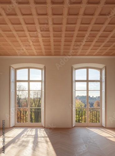 Wallpaper Mural Empty room with large windows, showcasing a sun-drenched view of a park and city beyond. Ornate, light-beige ceiling Torontodigital.ca