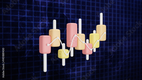 3D illustration of financial growth concept. Colorful bar chart with upward arrow symbolizing business success and economic development, isolated on blue background.