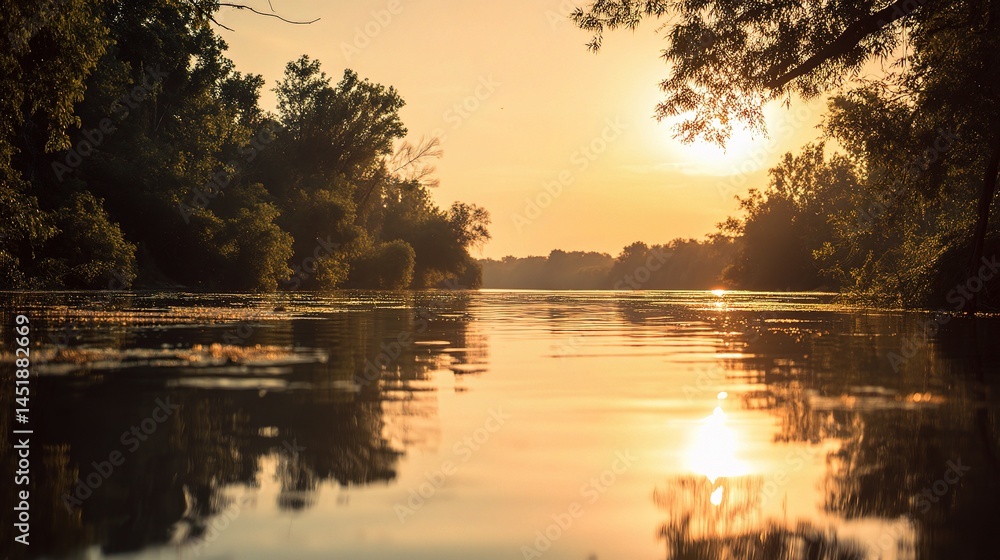 Obraz premium Serene Sunset Reflection on Calm River Water in HD Quality