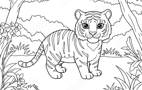 vector illustration of a tiger in forest. coloring page