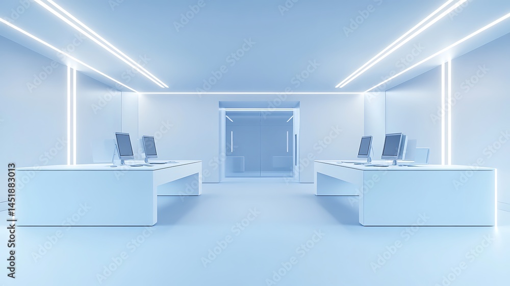 Fototapeta premium Clean Futuristic Space Lab Background with Soft White Light – Minimal High-Tech Interior Concept