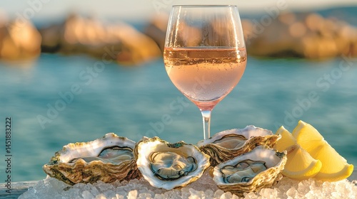 Refreshing Wine and Fresh Oysters on Ice by the Sea