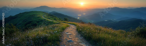 Lush Azores landscape with hiking trail, soft golden light. Ideal for travel, ecotourism, outdoor adventure, or wellness campaigns. Copy space for text.