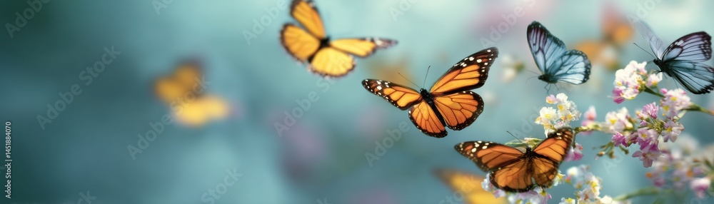 Fototapeta premium Delicate colorful butterflies flutter gracefully around the garden