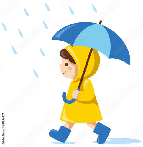 雨の降る中レインコートを着て傘をさしながら歩く男の子のベクターイラスト(Cute vector illustration of a boy walking in the rain wearing a raincoat and holding an umbrella)