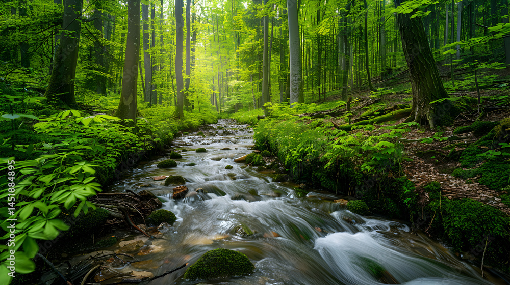 Fototapeta premium A stream flowing through a lush green forest with trees and vegetation on either side of the water