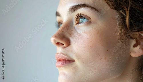 Serene Gaze of Beauty: A captivating portrait features a woman with clear skin, expressive eyes, and natural features, her gaze directed upwards, radiating a sense of introspection and quiet grace.