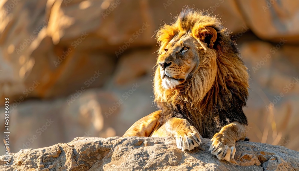 Obraz premium Lion's Regal Pose: A majestic male lion sits perched atop a rocky outcrop, its amber eyes gazing intently, a picture of regal power and serene dominance in the golden light.