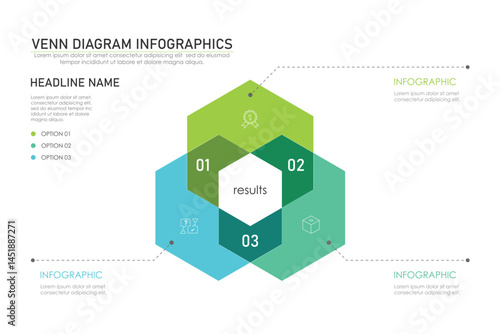 Venn diagram infographic chart template for business 3 parts, options, presentation with venn diagram elements vector illustration.
