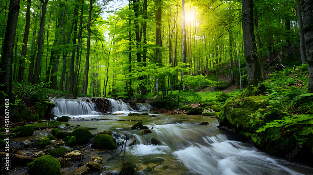 Obraz premium A scenic view of a forest with a stream flowing through it and sunlight shining through the trees
