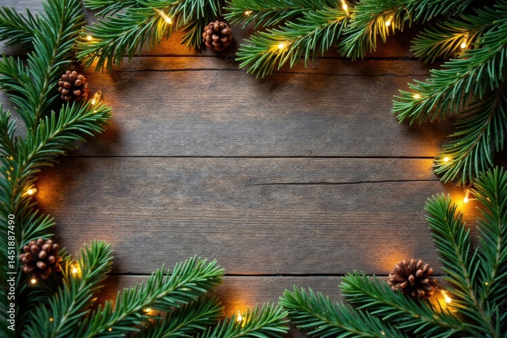 Rustic Wooden Background Decorated with Evergreen Branches, Pine Cones, and Warm String Lights, Perfect for Festive Season Designs and Winter Holiday Celebrations Rustic Wooden Background Decorated with Evergreen Branches, Pine Cones, and Warm String Lights, Perfect for Festive Season Designs and Winter Holiday Celebrations